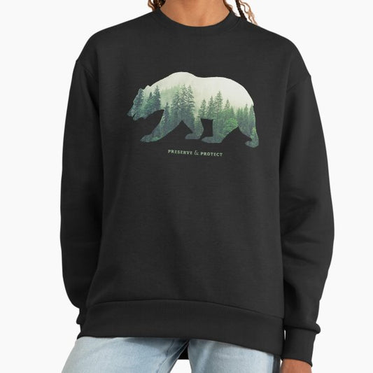 Preserve & Protect Nature Double Exposure Bear Silhouette Trees Forest Save the Environment Climate Change Wilderness Hiking Camping Sweatshirt