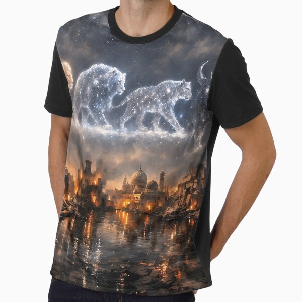 Celestial Beasts Above a Burning Ancient City Graphic T-Shirt