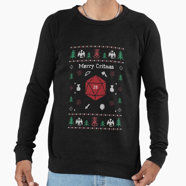 Merry Critmas Black Ugly Christmas Sweater Design for Dungeons and Dragons or Tabletop RPG Lightweight Sweatshirt