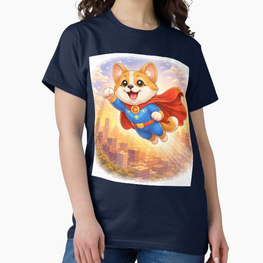 Flying Superhero Dog Over the City – Cute Dog Hero in the Sky | Animal Superhero Illustration T-Shirt