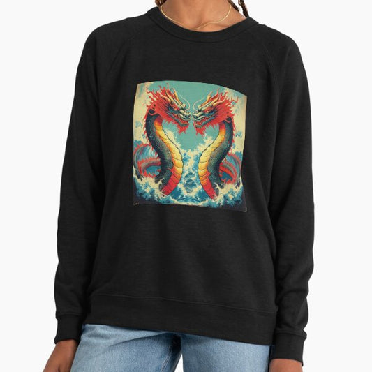 Vintage two colorful Chinese dragons in the sea ,Legendary Animals,dragon art,Legendary dragon Lightweight Sweatshirt