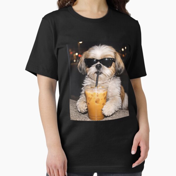 Cool Shih Tzu Drinking Iced Coffee with Sunglasses – Funny Aesthetic Dog Art, Cute Puppy Coffee Lover Design T-Shirt
